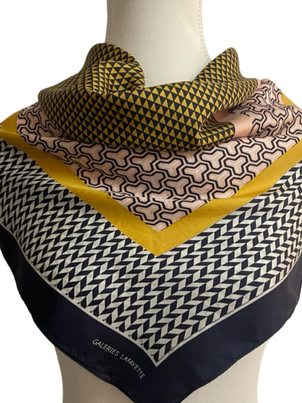 Galeries Lafayette Paris Geometric Square Scarf – Navy Yellow Pink Silk Feel